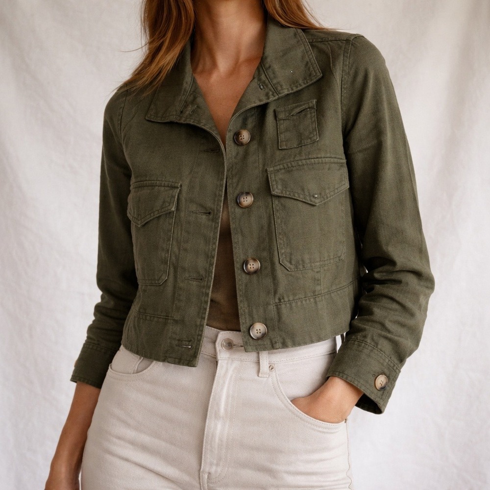 LOFT Cotton Linen Jacket – S Olive Green Cropped Utility Button